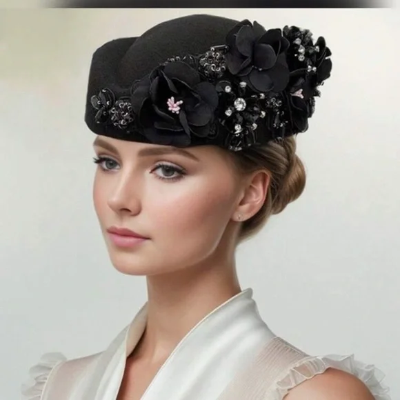 Sophisticated Black Floral Embellished Hat - Picture 1 of 3